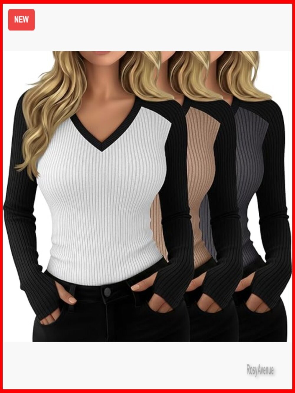 3 Pack Slim Fit Long Sleeve V-Neck Ribbed Cotton Tees with Thumb Holes